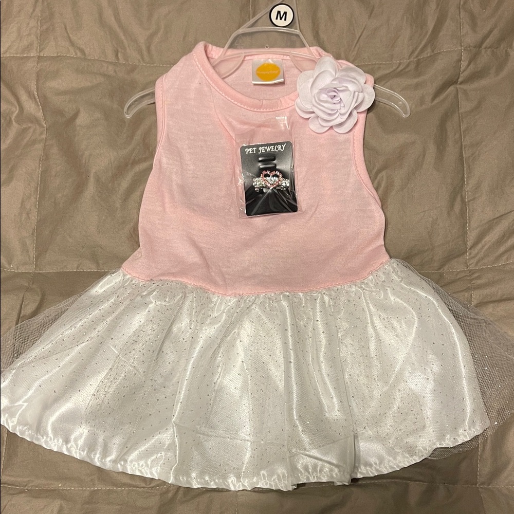 Pink and White Dog Dress with Flower Accent